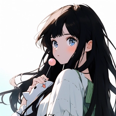 70's anime style, old era retro style, close-up of a girl, 15 years old, long black hair, 37 points bangs, bow hair clip, green V-neck print short sleeve, a lovely white cat on the shoulder, holding a lollipop, sweet, light, Sky background