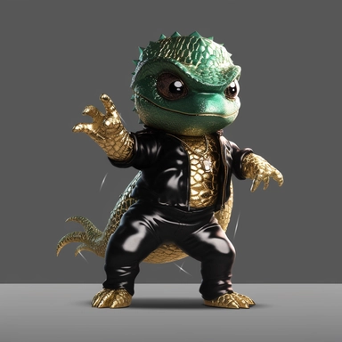 baby Godzilla, looks like Michael Jackson, doing dance steps, wearing a miami heat basketball jersey, wearing a gold pendant with a gold bitcoin on it, wearing hip hop style black satin pants and a green iridescent silk shirt, techno lighting, clipart on plain background