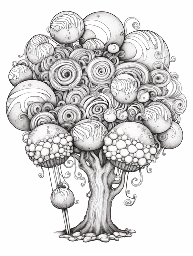 Coloring book, white background, clip art, line work. Candy apples, and cotton candy. And balloons