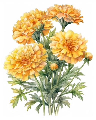 detailed vibrant watercolor bridal bouquet of 8 large light yellow marigold flower , isolated on white background, realistic, clipart