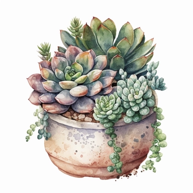watercolor cute succulent potted in a clay pot, white background, clipart