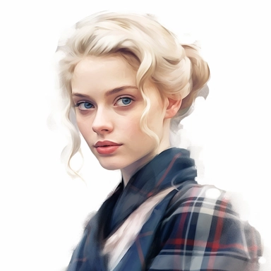 beautiful stunning pretty Scottish young woman , with blonde hair and blue eyes, vintage , paint art style, clipart, white background, superrealistic, one of a kind