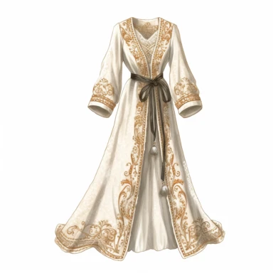 Victorian Dressing Gown: Illustrate a clipart of a woman's Victorian dressing gown, showcasing its luxurious fabric, lace trimmings, and intricate embroidery, watercolor Clipart, watercolor Sublimation graphics, hand drawn illustration by james christensen style, Watercolor clipart, single design, single object, print on demand image, PNG transparent background, white background for removing background - - no text shadow font watermark, 8k