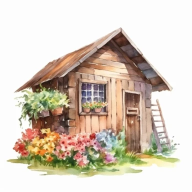 Flower Hut watercolor clipart, white background, hyper realistic