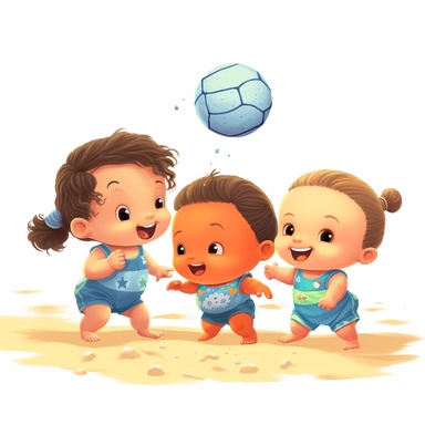 cute babies playing volleyball at the beach, summer time, no watermark, white background, clipart