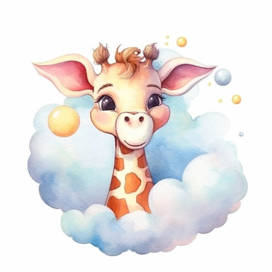cute colorful giraffe with cloud clipart, for childish cards, detail, illustration style, high solution, Watercolor, on the white background, hd
