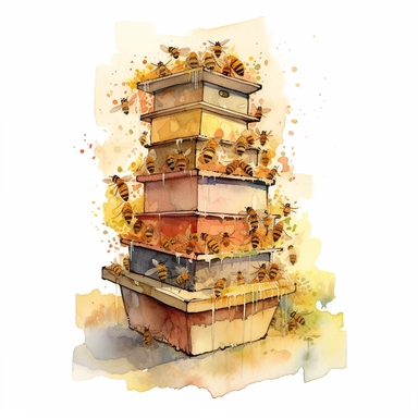 watercolor, An artistic representation of a Warré hive, known for its vertical stacking system, with bees gracefully entering or exiting the hive's multiple boxes. (Digital drawing clipart, image black border color, full body, flat texture, transparent background)