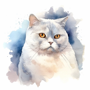 Clipart, watercolor, white background: A British Shorthair cat with a round face and chubby cheeks, emphasizing its cute and chubby look.