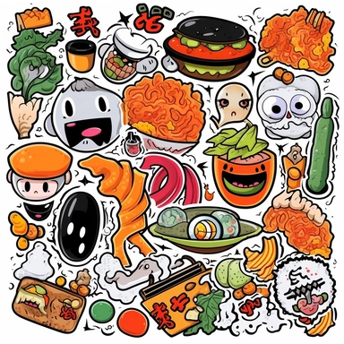 a set of black line clipart inspired by sushi and zombies and muppets and Care Bears and Funko Pop toys