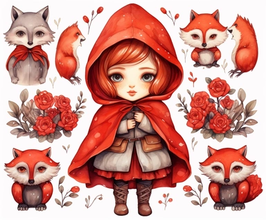 red riding hood clipart, vector art, clip art, clipart, in the style of claudia tremblay, birds & flowers, kawaii manga, realistic watercolors, dark white and light orange, eleanor fortescue-brickdale, isolated figures
