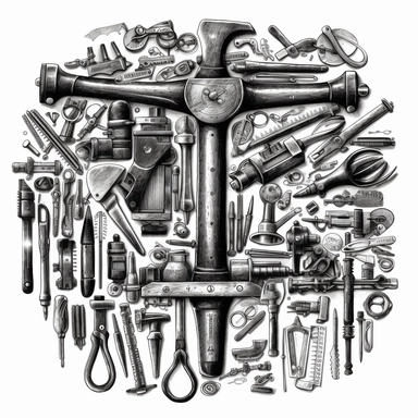 black and white clipart image of an invented tool that is alot of tools mixed together