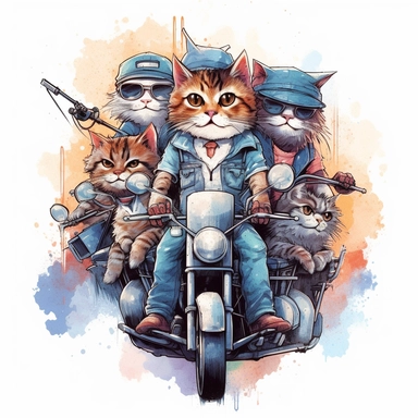 Create a clipart of a group of cats riding motorcycles together, perhaps forming a motorcycle gang. Low detail. White background, soft lighting. In the style of Bob Ross