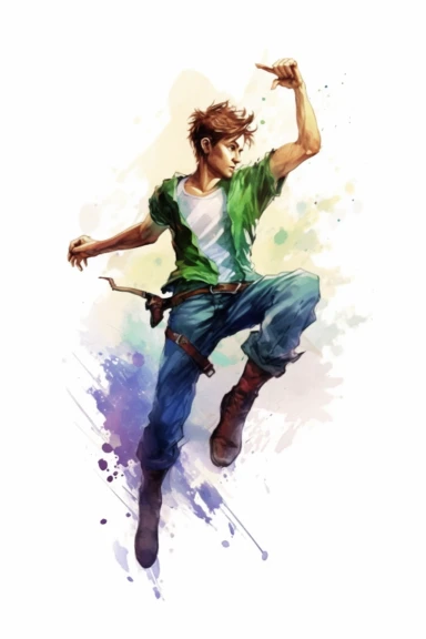 Clipart style, full-body figure of Peter Pan fighting, disney cartoon characters, low detailed, aquarel painting style, volume and bright colors, white background