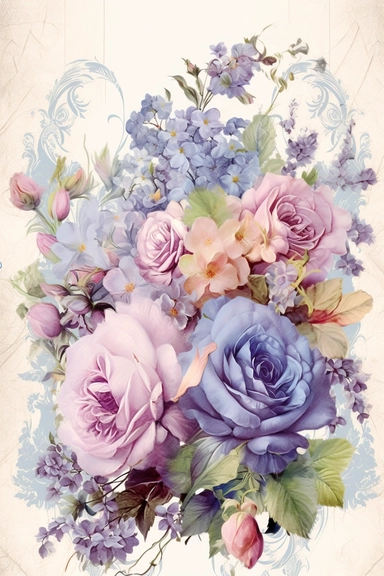 Vintage shabby damask clipart vignette with delicate floral patterns along the sides and corners of the image, small cute bright oil painting vignette with beautiful roses and blooming lilacs, light pastel tones in the center of the image,