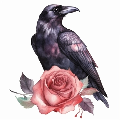Halloween raven with roses, dark pink and black, watercolor, clipart, illustration, white background