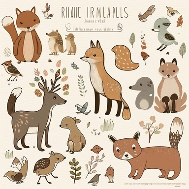 clipart featuring cute, whimsical animals in a variety of poses and situations. The clipart should have a hand-drawn, sketchy style with soft, muted colors to give them a vintage feel. The animals could include woodland creatures such as foxes, rabbits, and deer, or domestic animals such as cats, dogs, and horses. The animals should be depicted doing everyday activities, such as sleeping, eating, playing, or cuddling. Consider including additional elements such as flowers, leaves, or trees to ad