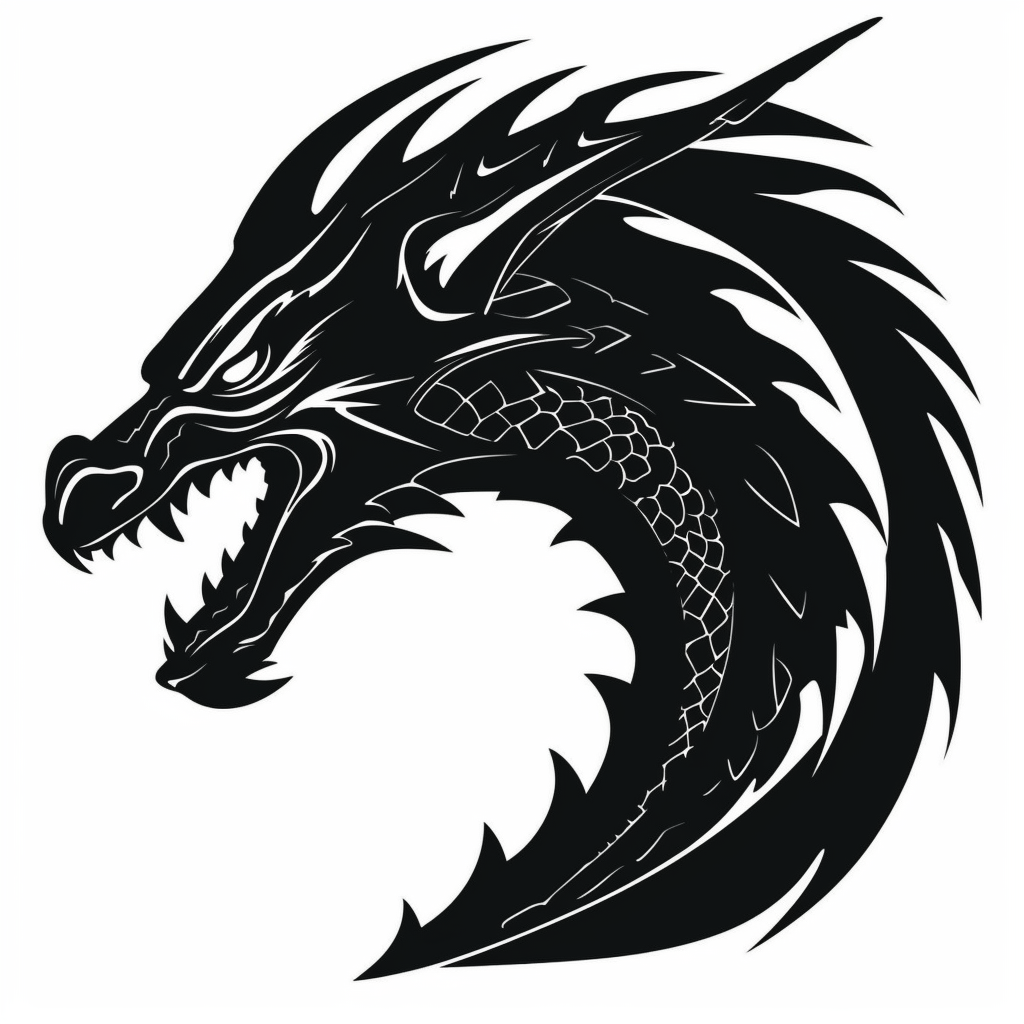 a clipart dragon head silhouette, solid black, no details, white ...