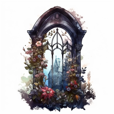 a gothic victorian window, overgrown with very big colorful flowers beautifully designed, clear view on a victorian city, in the style of dark intense colors, oh my god is this beautiful, watercolor, clipart, white background