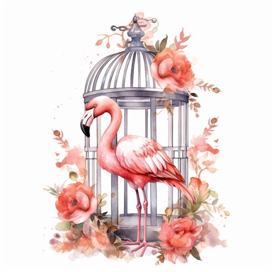 An endearing watercolor Flamingo bird clipart of Flamingo bird in cage 300DPI