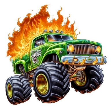 green cartoon monster truck crushing an old car clipart isolated on a white background flames coming out of the back