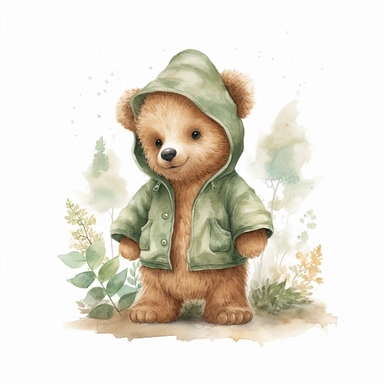 little baby, brown bear,neutral nursery art,summer outfit,cute bear, Baby attire,intricate,disney, baby light green,baby light blue, baby light ocher,hairy, cotton, beautiful trees,enchanted Forest,realism, watercolor painting, spring enchanted Forest, solid background, white background, vintage outfit, oil painting, photobashing, tattoo design,clipart--v 5