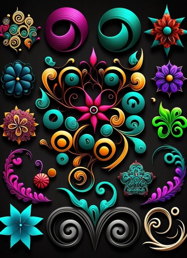 loops, hooks, hearts, stars, doodles, swirls, waves, whimical, flower clipart, blossoms, decorative buttons, kawii, hyper realistic , intericate details, high definition,