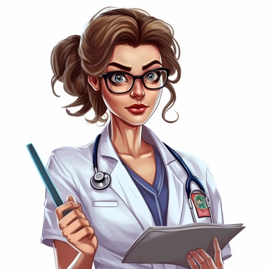 UHD, 8k, illustration postcard, cartoon clipart of an RN with a stethoscope around her neck, holding a clipboard, epic facial expression, up-close, isolated on a white background, aspect 7:4
