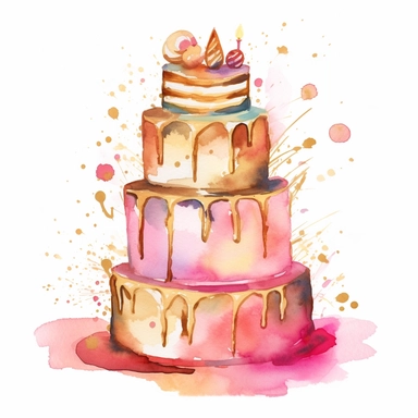Watercolor 3 tiered Birthday Party Cake, Clipart, pink and gold theme