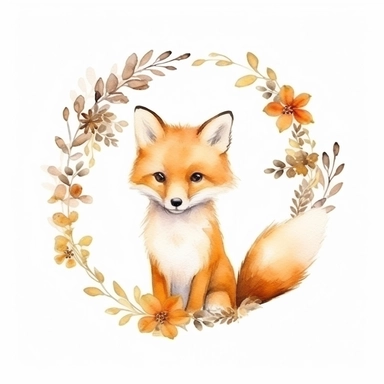 cute fox in a dainty minimalist floral wreath, watercolour, magical, kids art, clipart, isolated white background, 8k