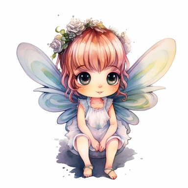 chibi little girl, big eyes, dressed as a fairy with wings on her back, beautiful and happy, she is sitting and head is turned towards camera, very detailed and realistic, watercolor, white background with margins, clipart style