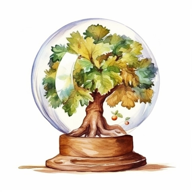 watercolor clipart a chestnut tree in a beautiful glass globe with a wooden base