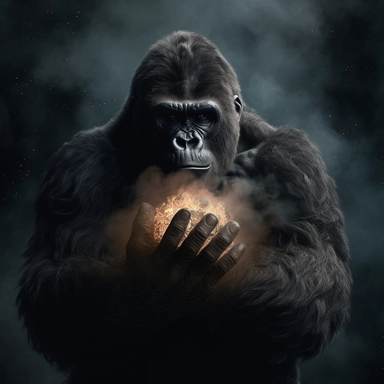 gorilla holding planet in hand, cinematic, clipping light, ultrarealistic, smoke background, 4k, planet in hand
