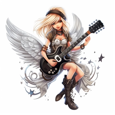 a beautiful fairy, punk rock star with guitar, cartoon, big wings, clipart, white background
