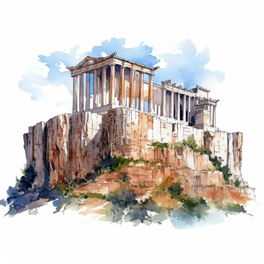 a Greece Acropolis in the style of watercolour clipart with detailed brush strokes