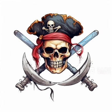 Cartoon Pirate skull with sword symbol, illustration clipart, high detailed, white background, digital art, hd, watercolor