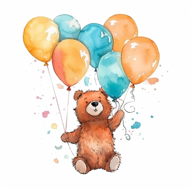 boho watercolor bear simple colors holding baloons outline vector clipart
