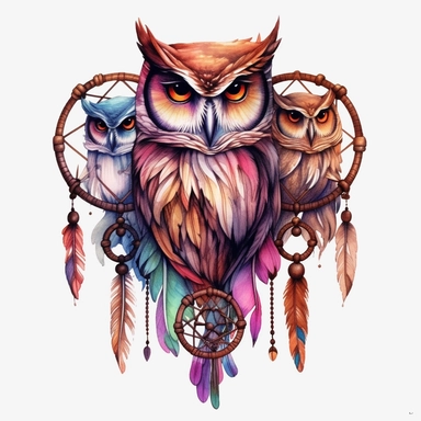 watercolor owl group drawing with feathers and flower, hd png download, in the style of colorful dreams, dreamlike naturaleza, aquarellist, graffiti-inspired animals, tondo, tattoo-inspired, light orange and dark magenta Clipart desert cartoon t-shirt graphic, vector,contour, isolated on a white background