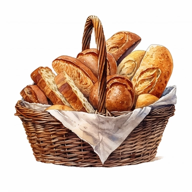 a basket of dark bread and baguette clipart watercolor