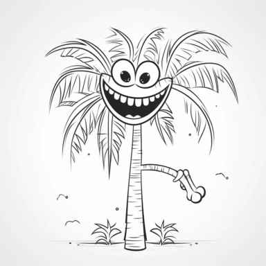 coloring page for kids of a palmtree cartoon with arms, legs and a face, white neutral background, clean line art, low details , 1,5px thick black lines, low detailed clipart