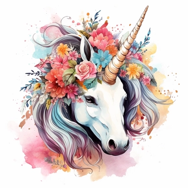 complex water color floral kid unicorn clipart, cuteness in eyes, highly detailed and contrast and high resolution image, high definition, unicorn going to jungle and intense and pleasing colors