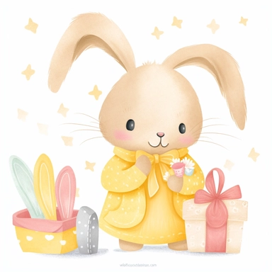 a shy baby Bunny with gifts Clipart, Peter rabbit, wearing a yellow coat covered in hearts, Nursery summer Clipart, Easter Clipart, summer Bunny, Crafting Digital Paper, Mother’s Day, white background