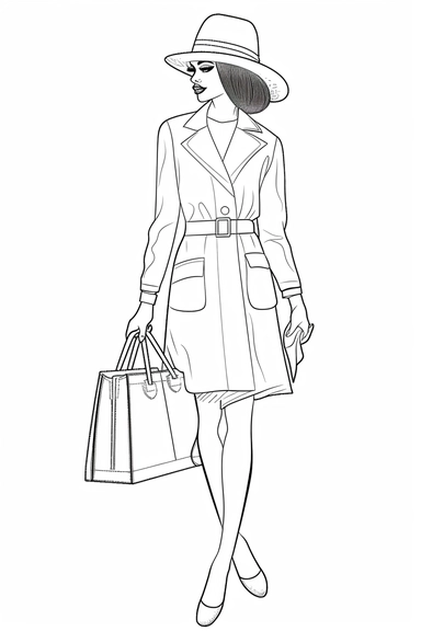 coloring pages for adults, clean lines, beautiful african american women, clipart, fashion, full body, hat, purse, heels, pants, jacket, shirt, handbag, boss