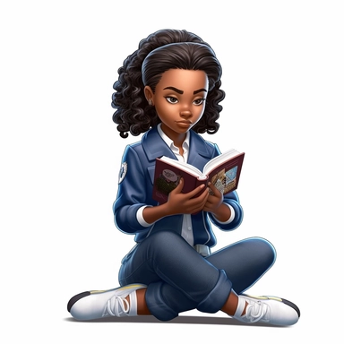 3D toy of a young happy black girl wearing a school uniform outfit sitting down reading a book in the style of boondocks in the style of marvel comics cartoon with white background can't believe how beautiful this is clipart, graphic vector, isolated on white background