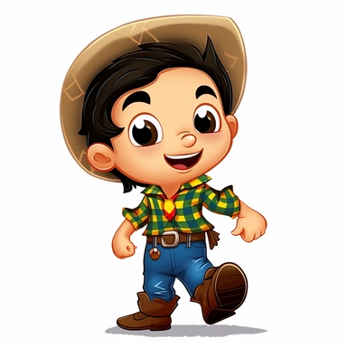 a cute little boy dressed for a brazilian junina party, with jeans, cowboy boots, long-sleeved plaid shirt, happy, Monica's gang style, Graphics Maurício de Sousa, on white background, big eyes, clipart, cartoon, inkley studio, smiling,