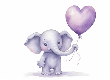 watercolor cute little baby elephant holding a heart-shaped balloon, in the style of light silver and light purple, victorian-inspired illustrations, nature-inspired pieces, 5 sets of clipart of different playful compositions, plush doll art, high resolution, isolated on a white background