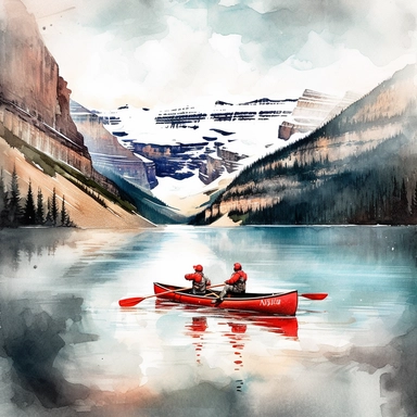 Watercolor clipart of lake louise with red canoe and people, no watermark, dynamic color, clean and highly detailed, soft color, sharp focused, watercolor art on white background
