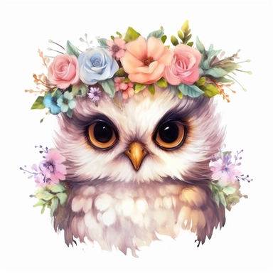 watercolor style, cute baby owl, smile, wear flower crown, white background, pixar style details Sublimation Clipart,hyper realistic, intricate detail, illustration style, isolated on white background for removing background