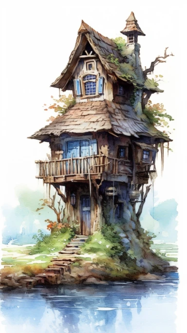 isolated images, illustrations on a white background, realistic medieval rustic druid house on a tiny island, Clipart, watercolor, realistic, isolated, full body, long brown blue dress,, highly detailed, hdr, 32K, photo expert quality, watercolor realistic, hyperrealistic and highly detailed, isolated on a white background
