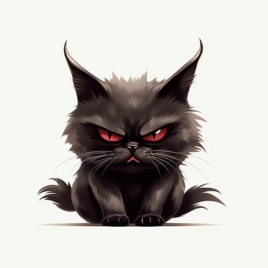 cute funny black cat, angry face, clipart, No color, white background,