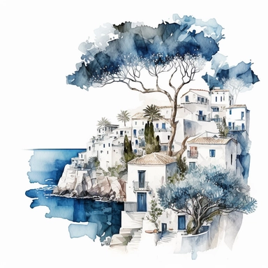 beautiful watercolor clipart of a Mediterranean scene with white village houses and the seascape, blue and white, compositions on an isolated white background. Bright landscapes illustrations, highly detailed